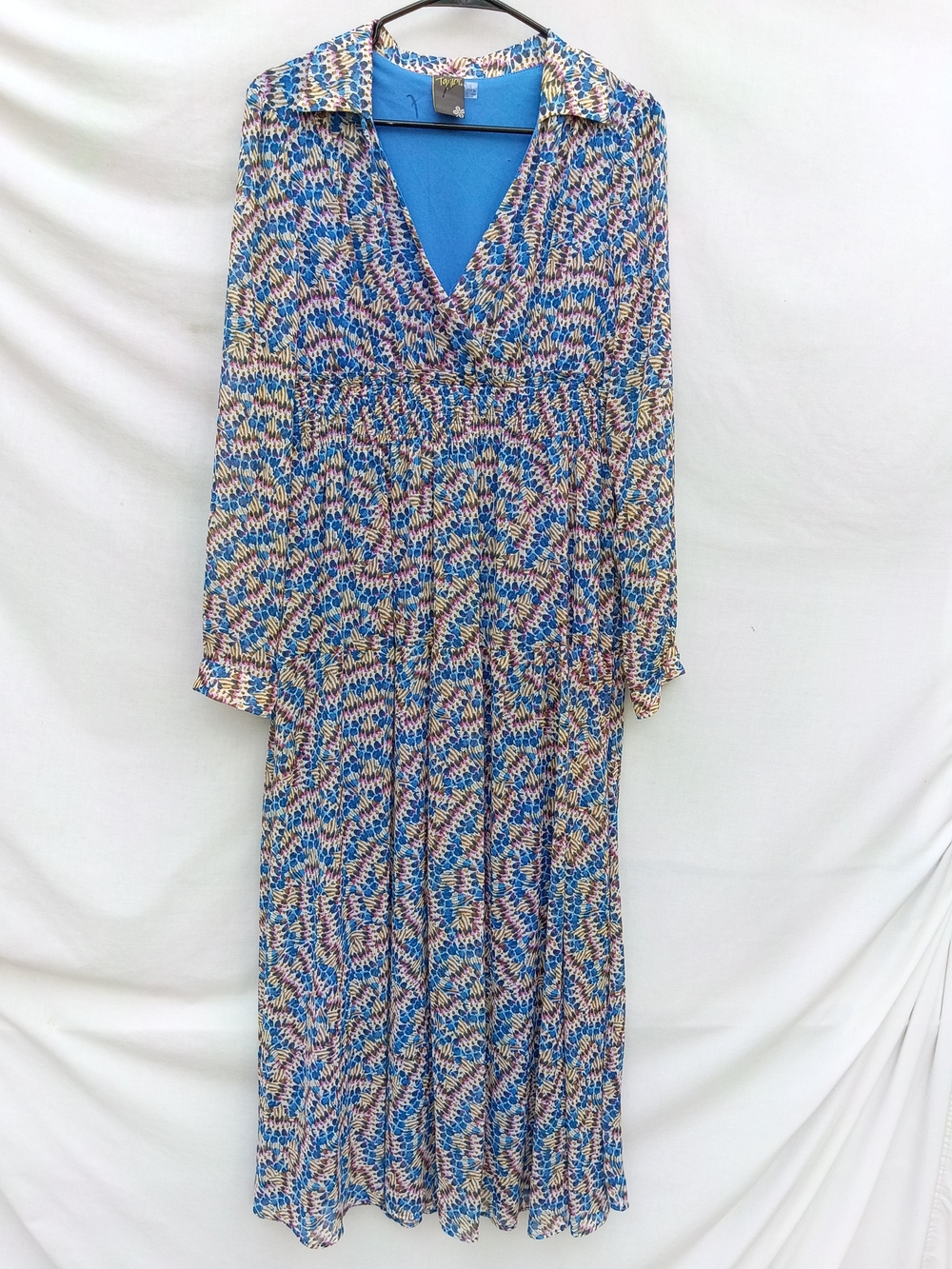 Taylor Blue Multi-Print Collared V-Neck Long Maxi Dress